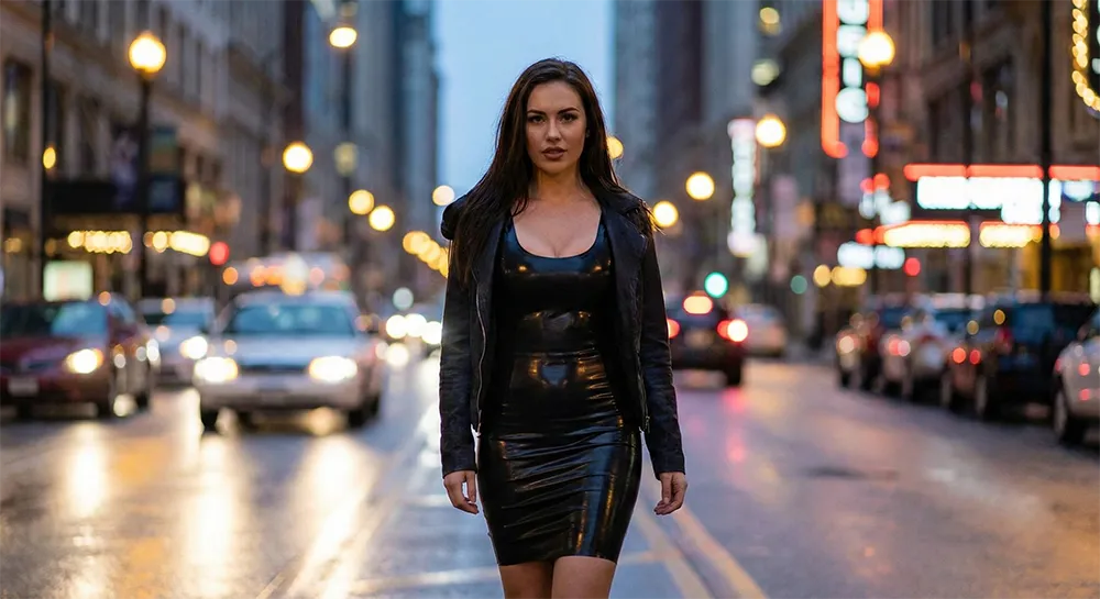 Latex Fashion Awards female model wearing black latex dress