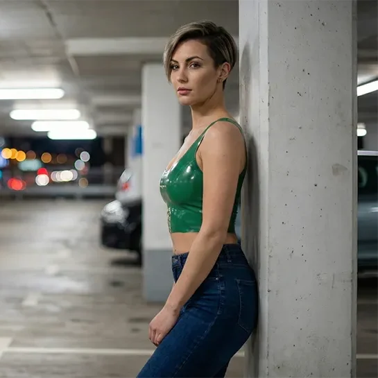 Latex Fashion Awards female model wearing green latex top